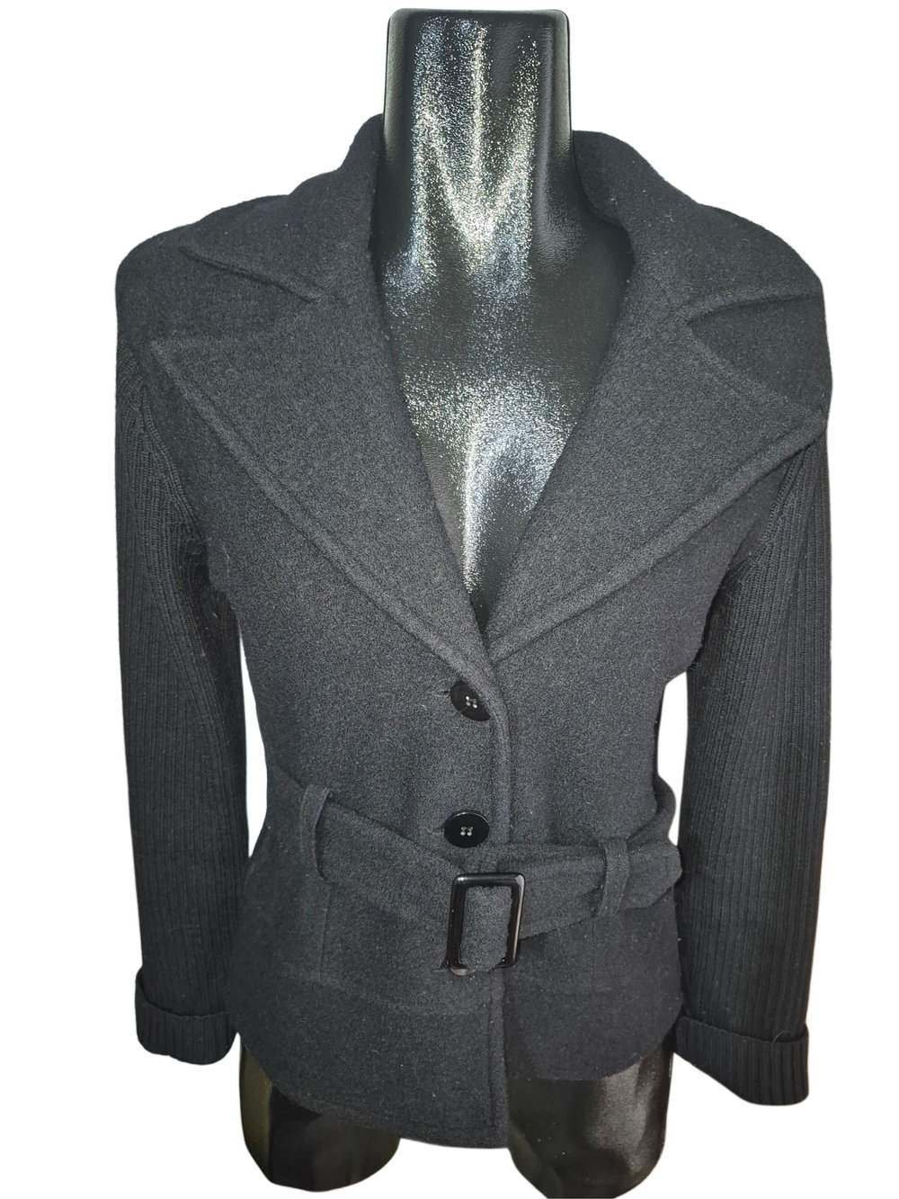Vintage Harve Benard Black Wool Button-Up Belted Coatigan Jacket Size S